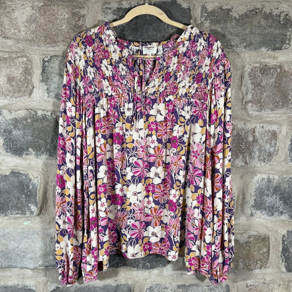 Hayden Blouse Peasant Floral Purple Pink Boho Smocked Festival‎ Women's 2XL